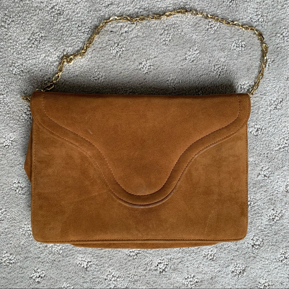 VINTAGE FRENCHY OF CALIFORNIA BROWN SUEDE ENVELOPE  PURSE WITH GOLD CHAIN